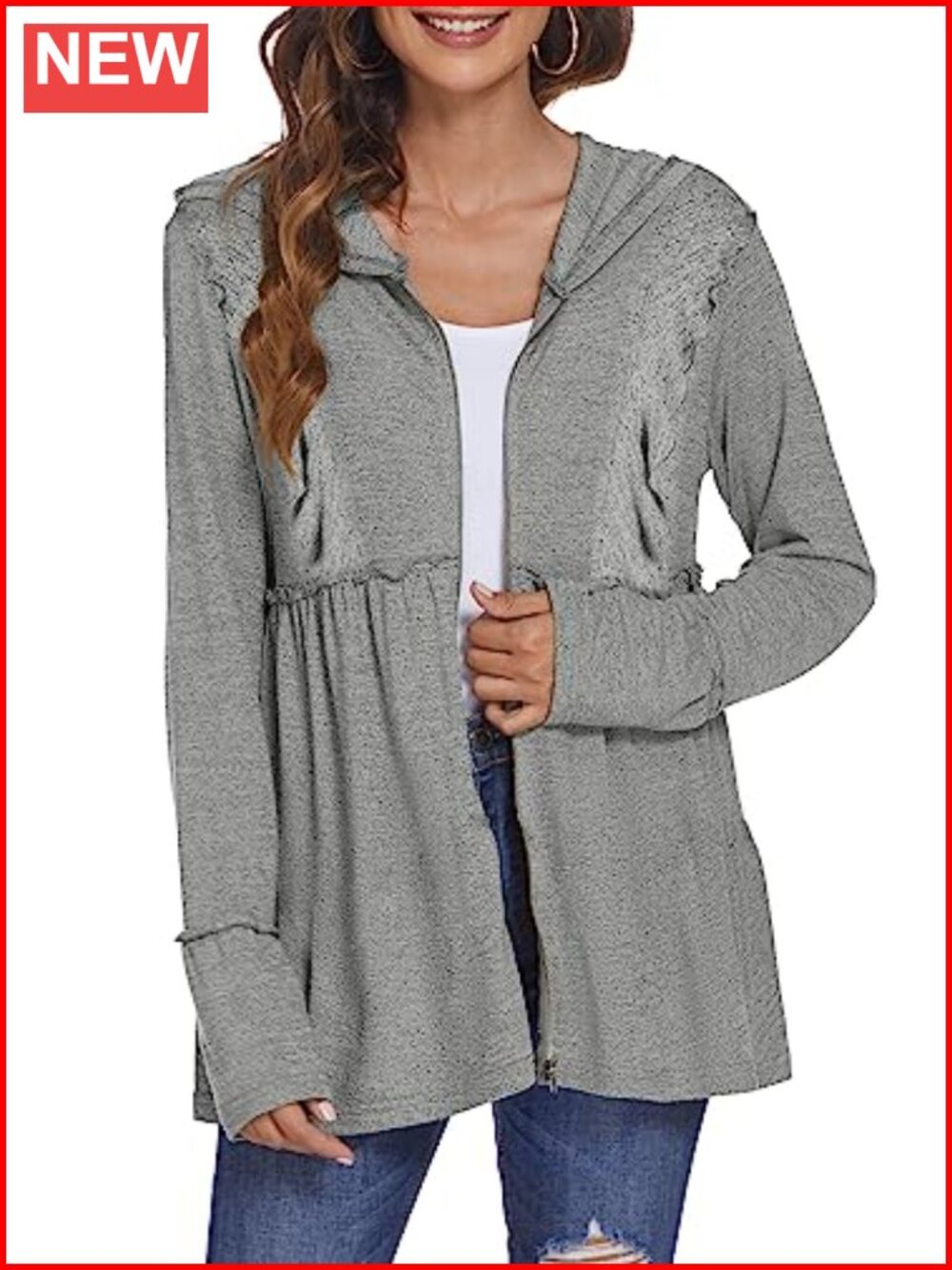 Women's Full Zip Hoodie Pleated Tiered Ruffle Long Sleeve Casual Jacket